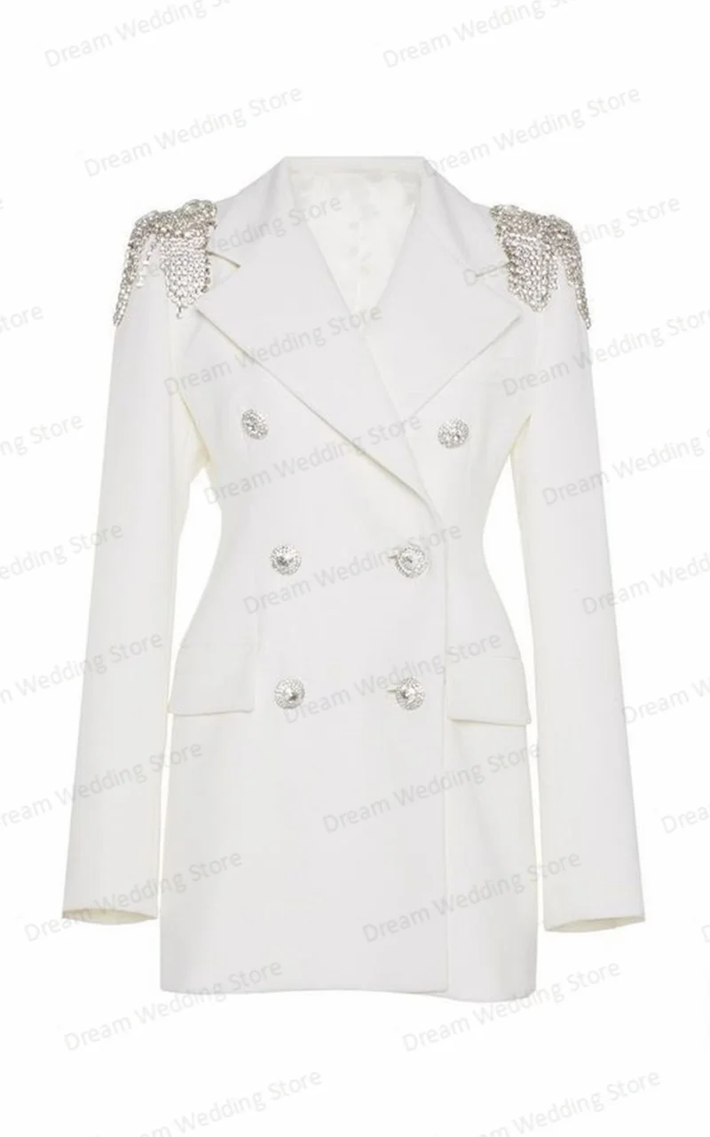 White Beading Women Suits Skirt Set 2 Piece Blazer+Prom Dress Coat Wedding Tuxedo Double Breasted Jacket Gown Custom Made