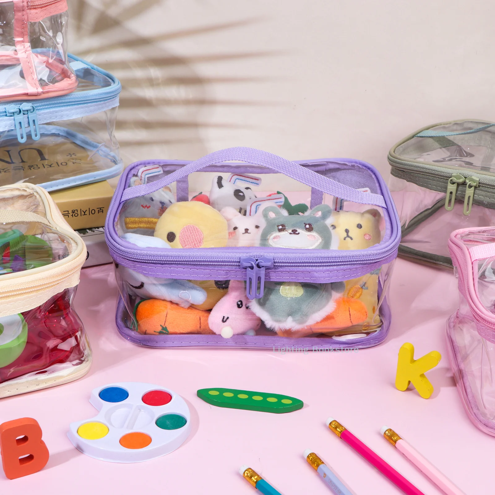 6 Pcs Clear PVC Toy Storage Bags With Handles 9.1x6.7x3.9 Inch Travel Toiletry Bags Waterproof Toy Storage Organizer Pouch With