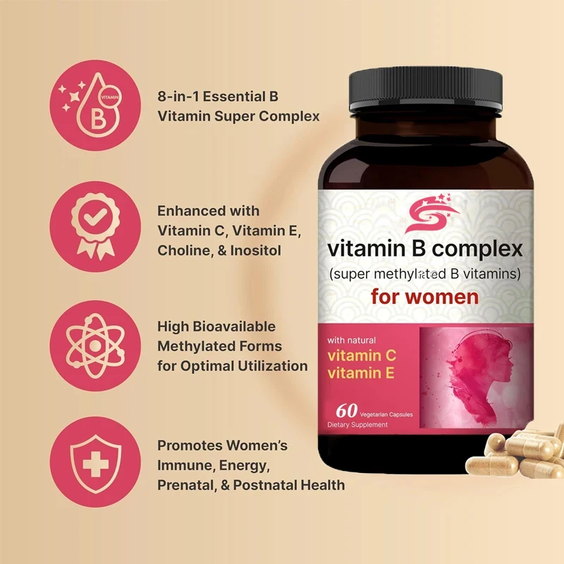 Female Vitamin B Complex, 60 Vegetarian Capsules B 12, Folic Acid, Biotin, Natural Vitamins, Immune, Energy,and Prenatal Support