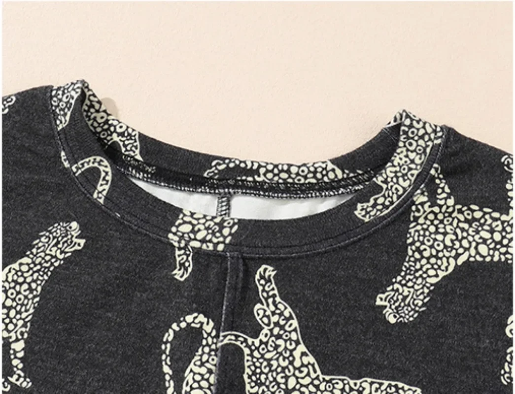 2024 New Women's Loose Leopard T-shirt Cool Girls Black Gold Leopard Tees Indie Clothes Fashion Printed Round Neck Tops NASY0004