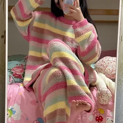 Colorful Striped Pajama Sets Women Plus Velvet Thicker Warm Plush Home Sleepwear Girlish Baggy Lounge All-match Students Winter