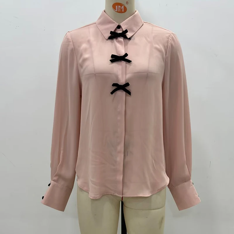 New Women Office Wear Velvet Bow Pink Shirt Long Sleeve High Street Lapel Collar Casual Blouse blusas mujer