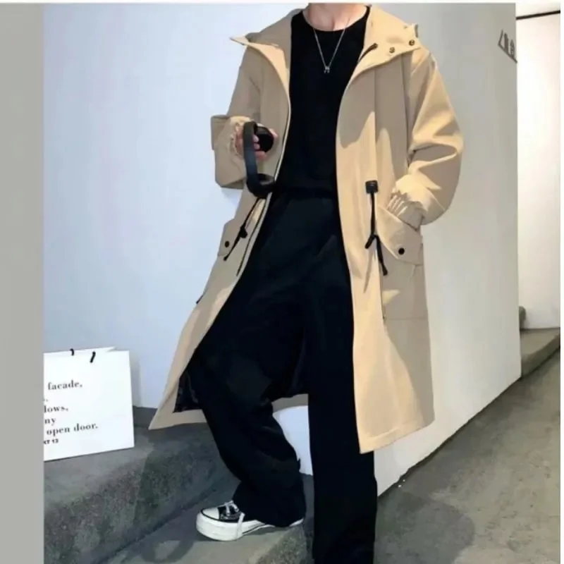 2023 Spring Autumn Army Green Windbreaker Fashion Men Mid-length Casual Hooded Coat Men Daily High Street Overcoat Male Clothes