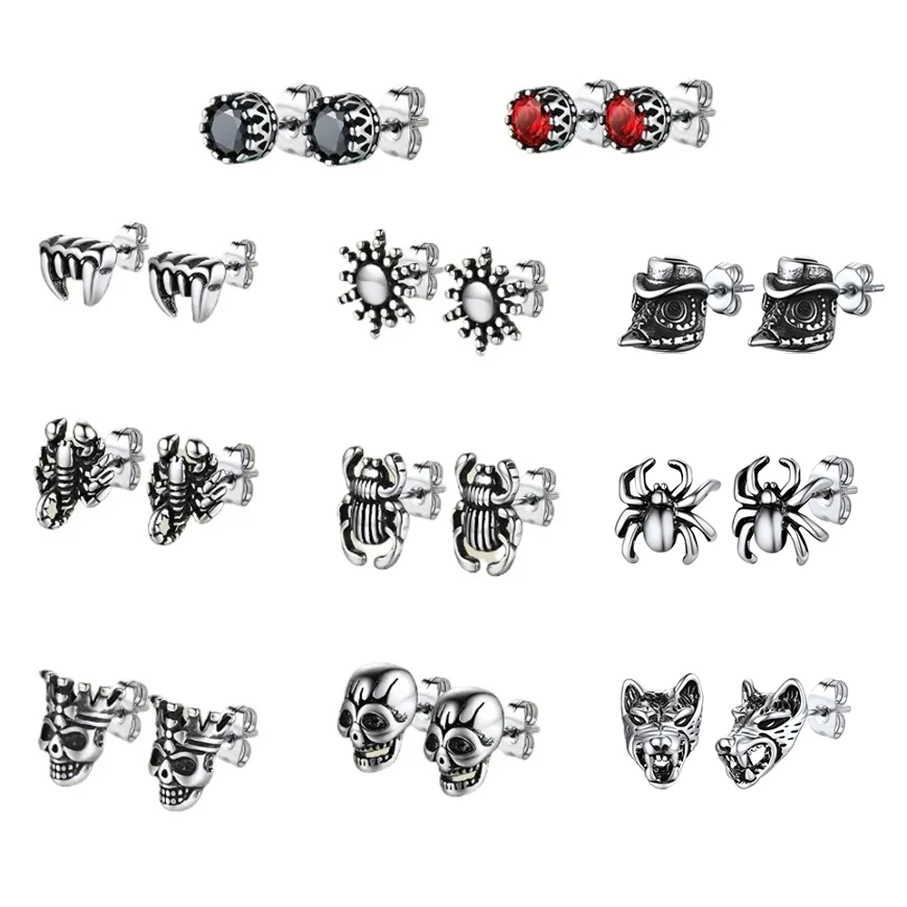 U7 Stainless Steel Multiple Styles Stud Earrings CZ Scorpion Spider Teeth Skull Vintage Punk Gothic Stylish Unisex Jewrlry Gift
