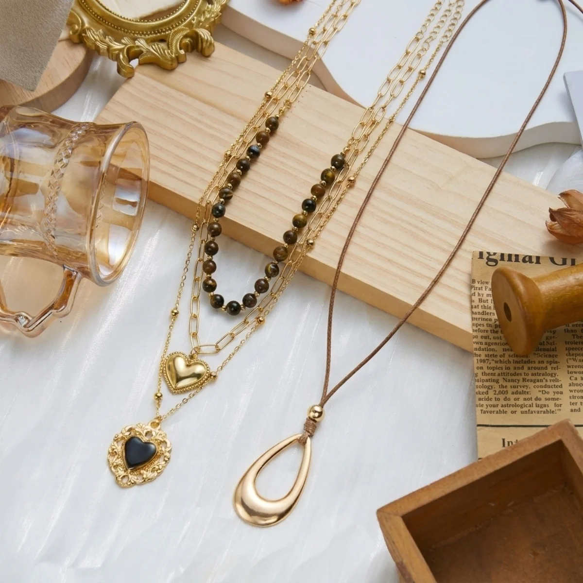 Retro Natürlicher Tigerauge-Stein Herz Hohler Wassertropfen Anhänger Halskette für Frauen Männer Mehrschichtige Tropfenform Stapelbare Choker-Schmuckstücke – Detail 31