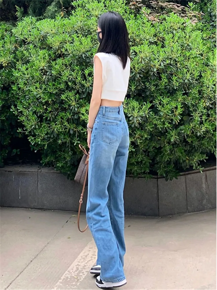 Light Colored Straight Leg Silk Denim Jeans Women's Summer Thin High Waist Extended Length Loose Drapey Ice Silk Pants