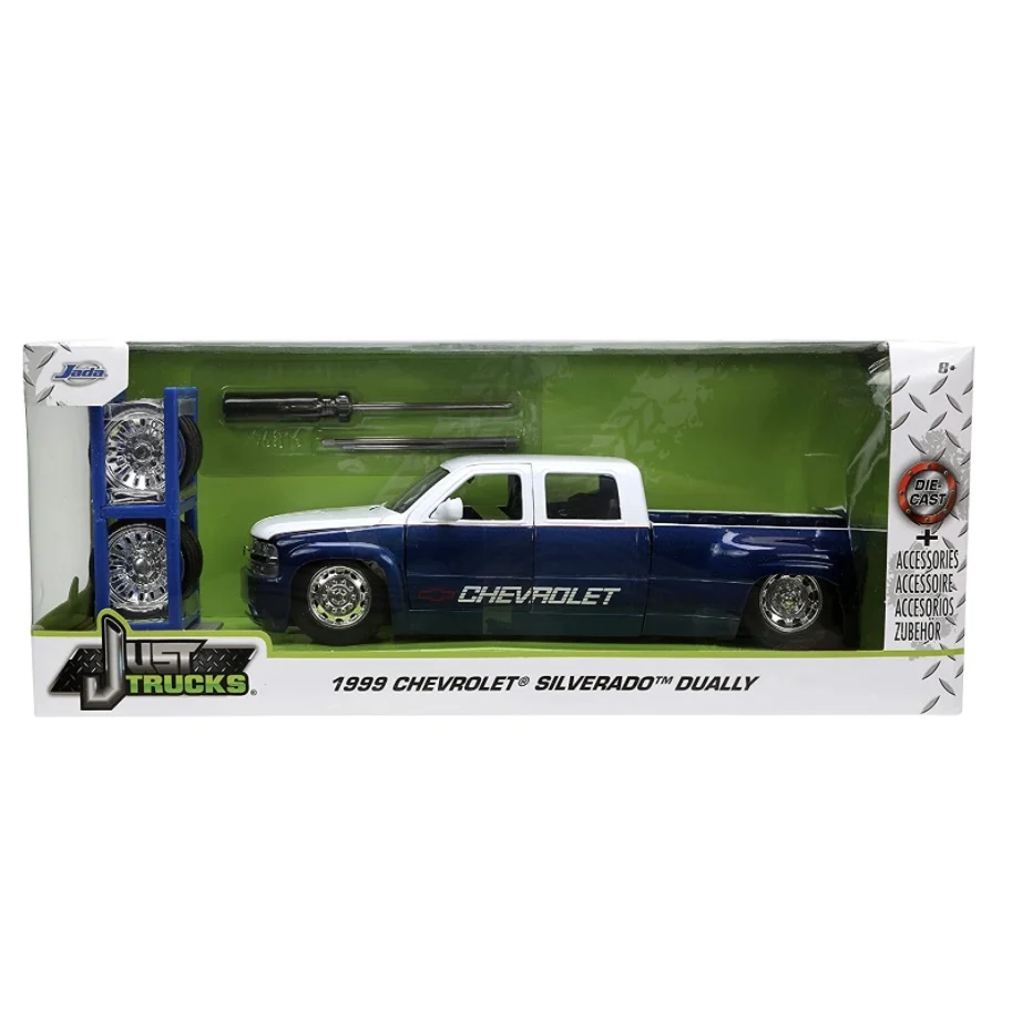 Jada Toys Just Trucks 1:24 1999 Chevy Silverado Dually Die-cast Car with Tire Rack Model for Kids and Adults