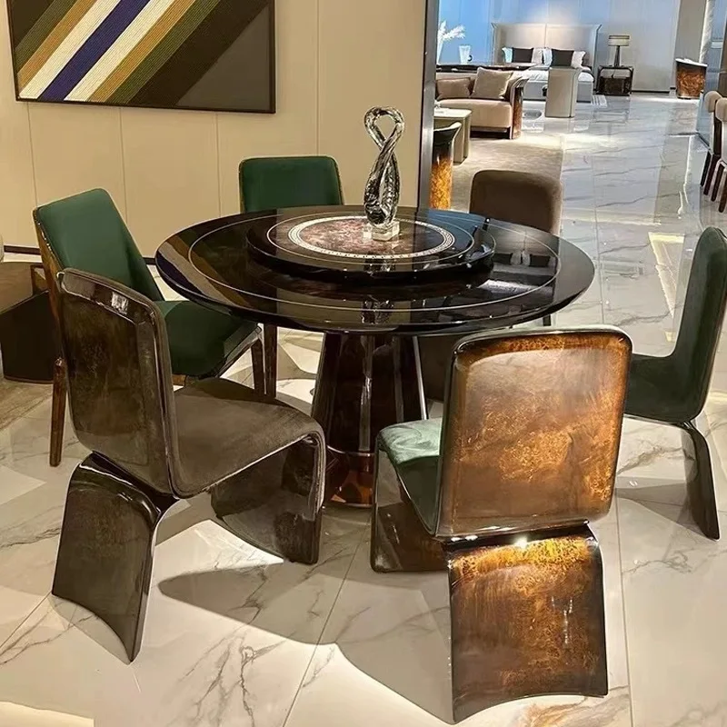 Italian Light Luxury Modern Dining Table Chair Combination with Turntable Solid Wood Baking Paint Finish for Restaurant Use