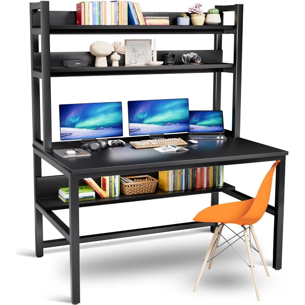 

Aquzee Computer Desk with Hutch and Bookshelves, Large Leg Room 55 inch Width Black Desk with Space Saving Storage Shelves