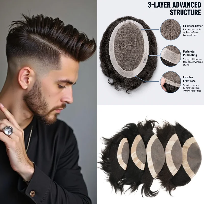 100% Human Hair D7-3 Mono Base Men Hair Replacement 6x8 6inch Straight Mono+NPU Hand-Tied Remy Hair For Commercials 72H Ship