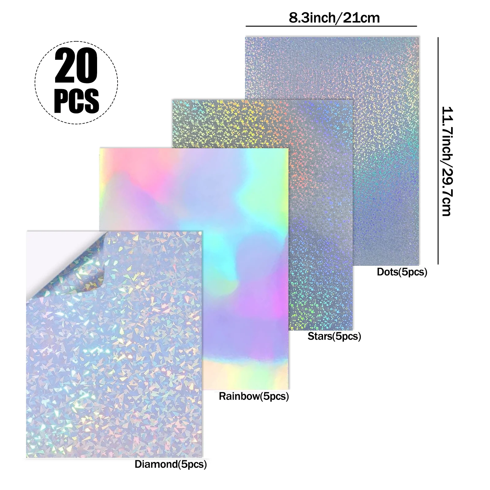 20 Sheets A4 Printable Holographic Vinyl Stickers Paper with Inkjet Printer 4 Mixed Styles - Diamond, Rainbow, Stars, Dots