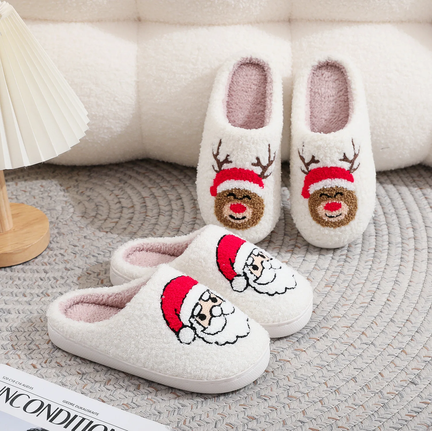 Heiß begehrte Weihnachts-Baumwollpantoffeln mit weihnachtlichem Design, gemütliche Hausschuhe für Paare und Familien mit warmem Fleece. – Detail 13
