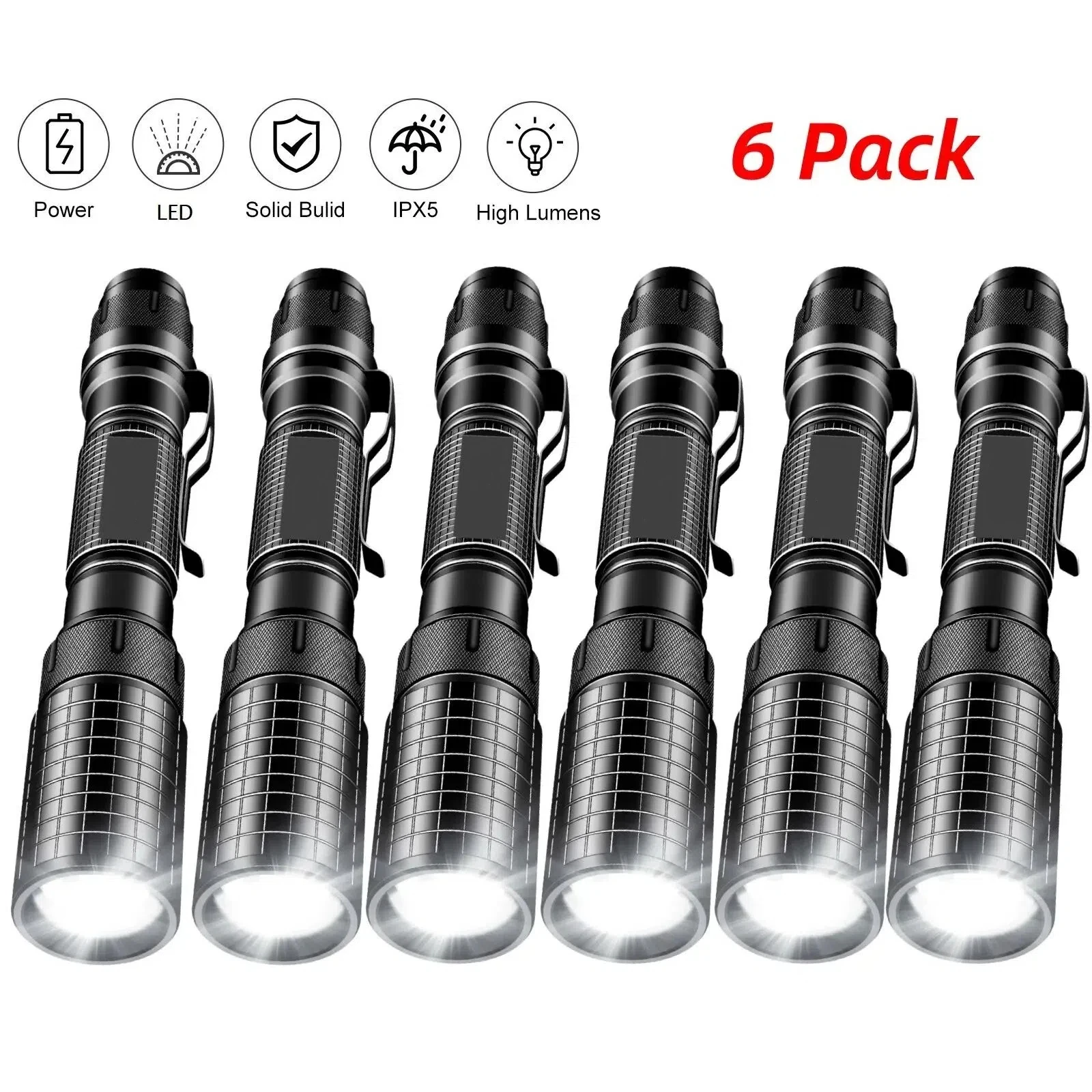 6Pcs High Lumens LED Flashlights High Power Waterproof Working Light 5 Modes for Camping Outdoor Hiking