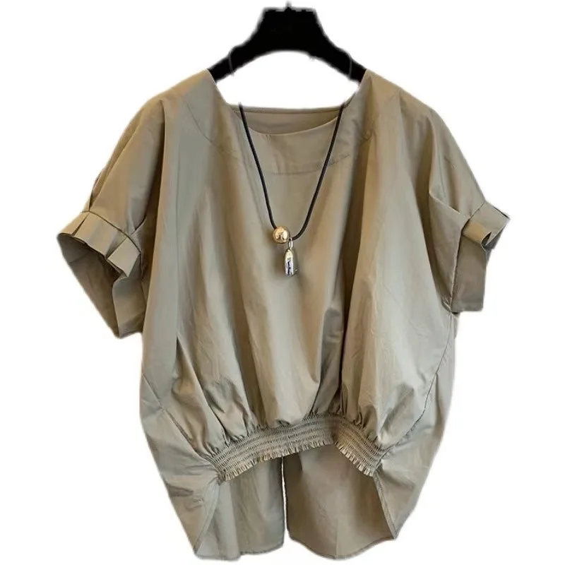 Damska letnia bluzka typu nietoperz plus size, modna bluzka z obniżoną talią, elastycznym dołem, uniwersalna, codzienna bluzka.