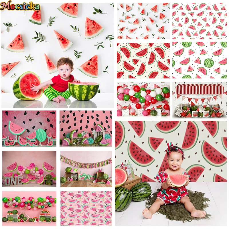 

Mocsicka Summer Fruit Watermelon Background Child Birthday Party Banner Cake Smash Baby Shower Studio Photography Props