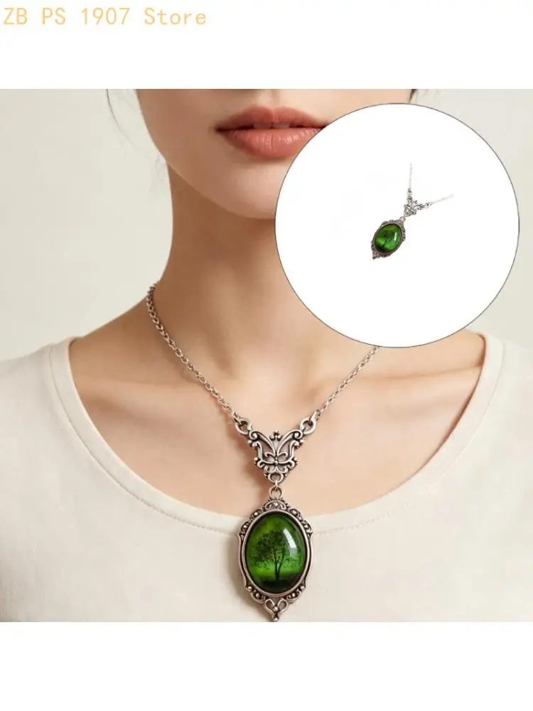 Green Emeral Tree Pendant Necklace with Antique Detail and Alloy Chain, Easy Outfit Accent Jewelry for Daily Wear, Casual