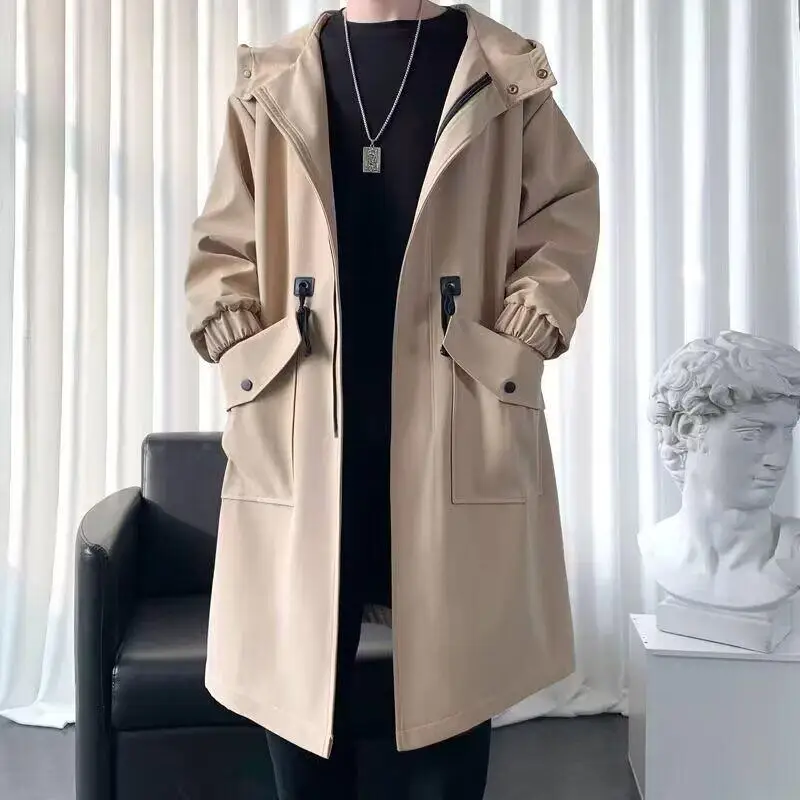 

Spring Autumn Long Jacket over Knee Trendy Youth Hooded Outerwear Loose Large Size Handsome Match All City Fashion Urban Style