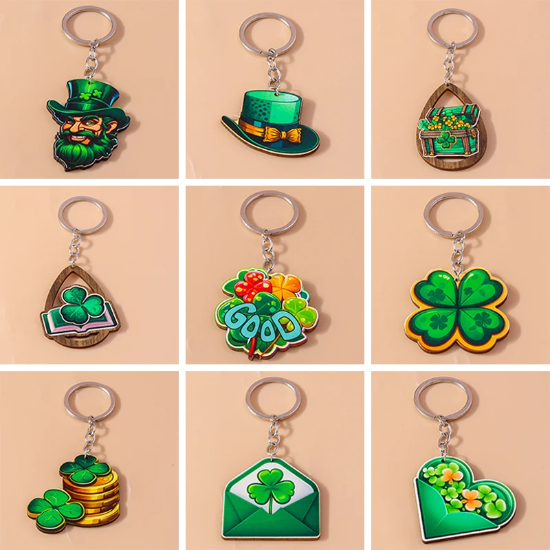 Fashion Wooden Lucky Clover Keychain Charms Shamrock Key Ring for Women Girl Handbag Pendants DIY St. Patrick\'s Day Jewelry Gift