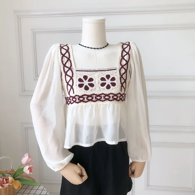 OUMEA Women Crochet Chiffon Blouse Spring Autumn Floral Embroidery Long Sleeve Casual Peplum Tops Retro Sequare Neck Chic Tops