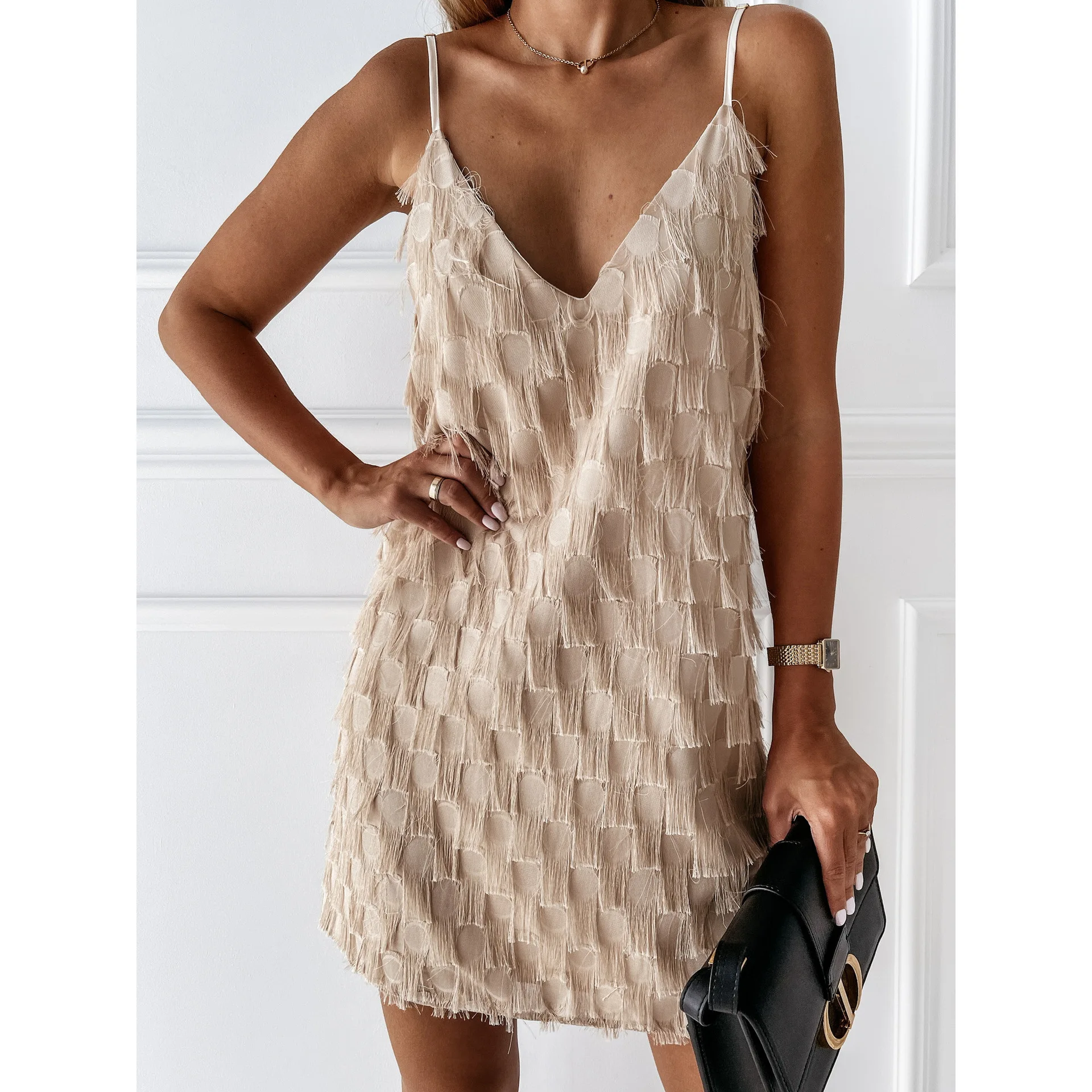 Sexy Deep V-Neck Backless Patchwork Bodycon Dress Fringe Tassel Club Party Prom Mini Dresses Spring Summer