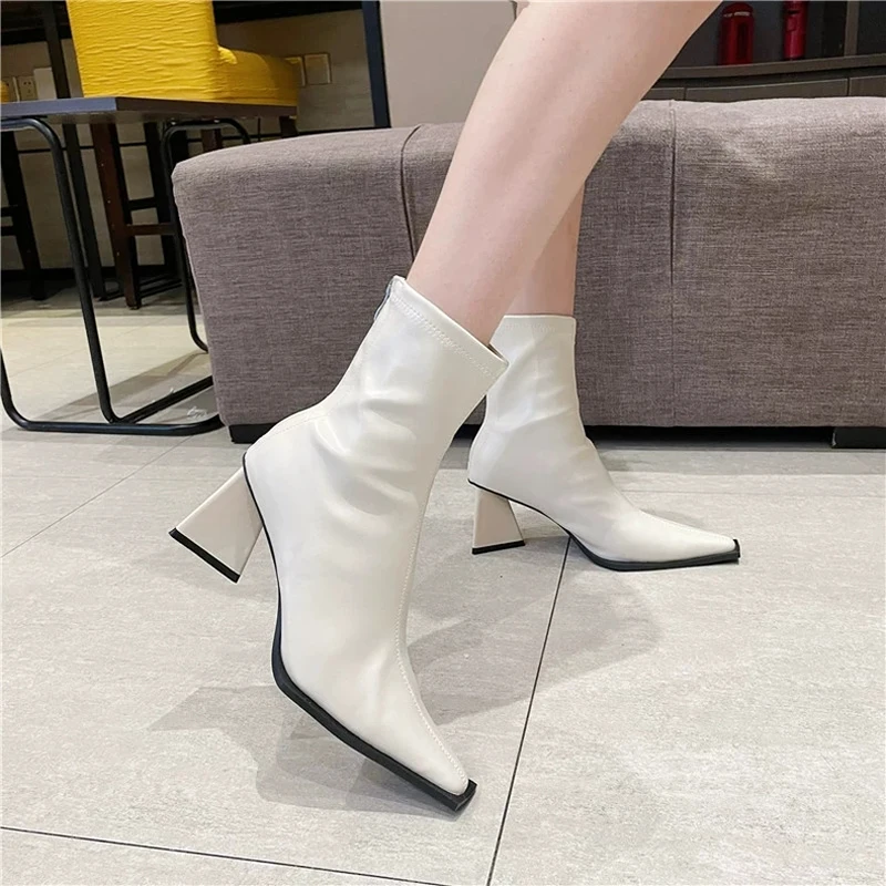 2024 Spring Autumn New Square Head Solid Color Versatile Side Zipper High Heels Women\'s Outwear Fashion Shoes Single Boots Women