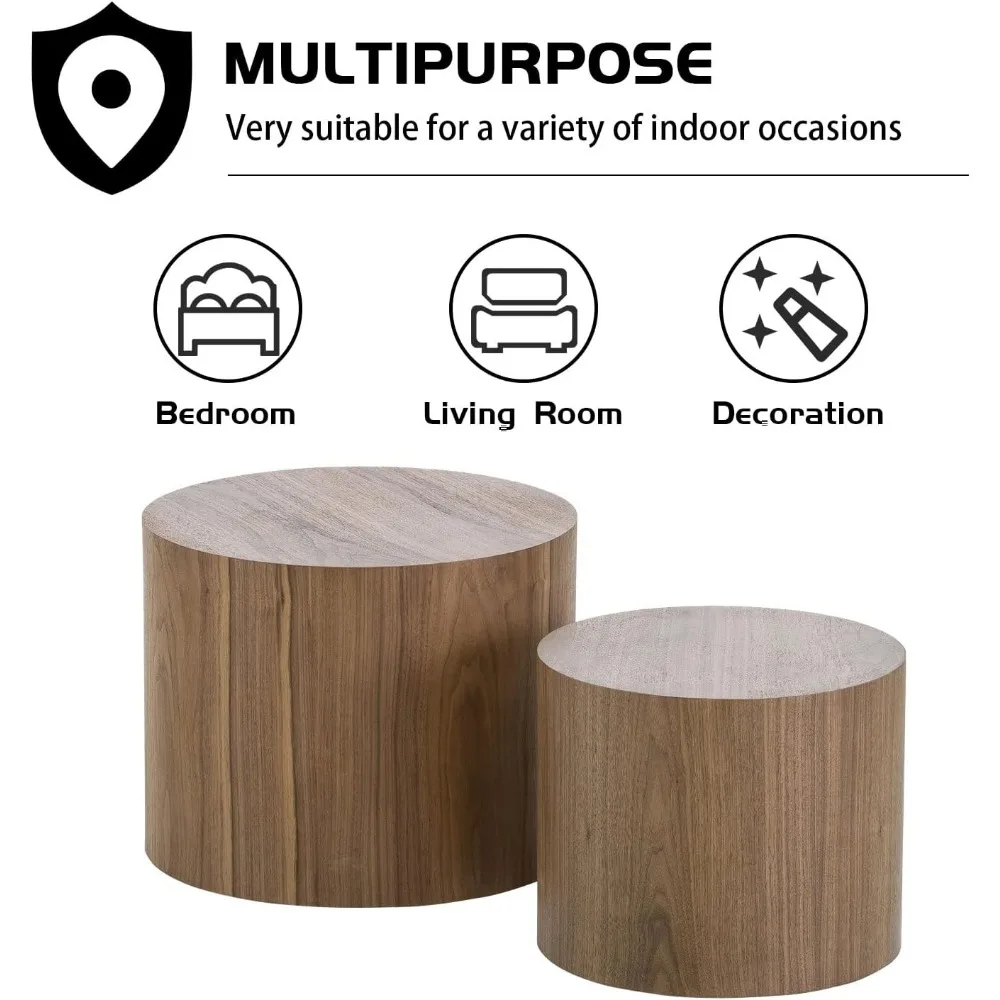 Nesting Coffee Table Set of 2, Walnut Round Wooden Coffee Tables Modern Circle Table