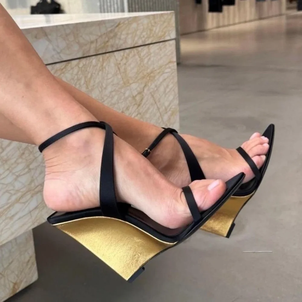 Minimalist Design Leather Thin Strap Ankle Wrap Wedge Sandals Pointed Open Toe Minimal Single Wedge Elegant Shoes for Summer