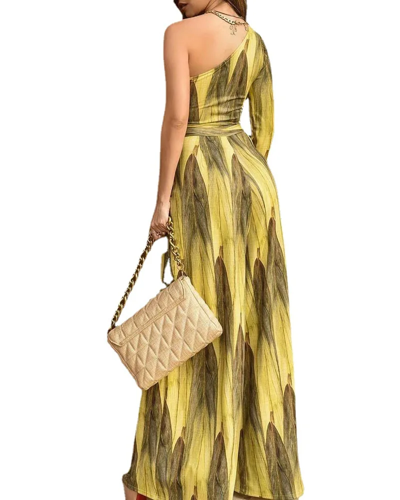 New Spring and Summer Yellow Mid-waist French Long Skirt Retro Oblique Collar Jumpsuit Temperament Commuting