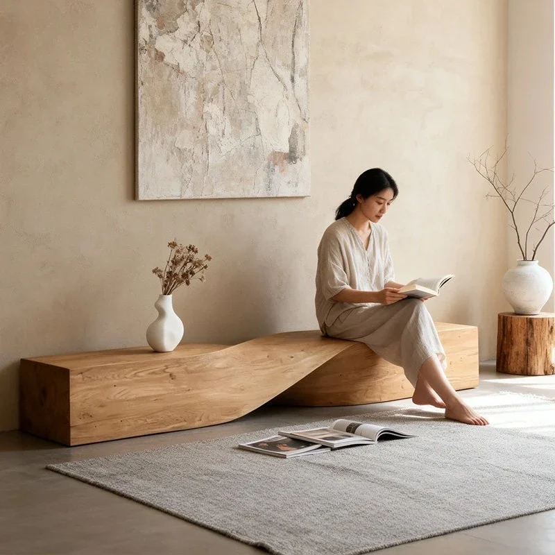 Solid wood bench milk tea shop cafe rest stool shopping mall homestay hotel art creative log bench