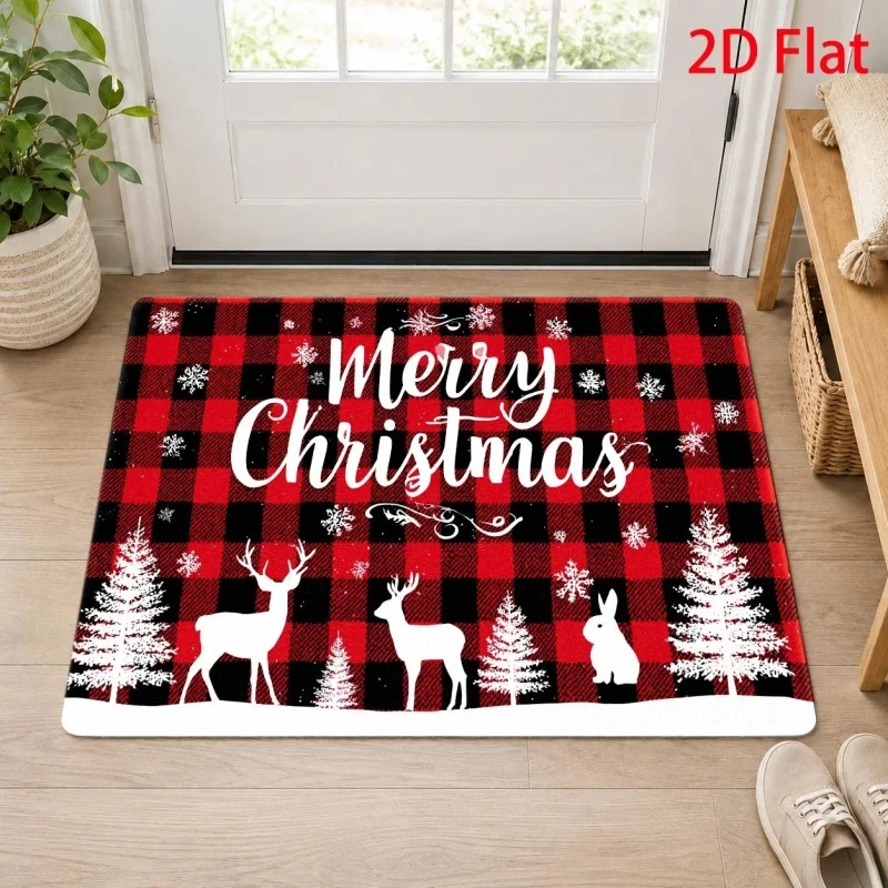 Red‑black Plaid Merry Christmas Deer Gnome Printed Front‑door Doormat, Winter Holiday‑themed Floor Rug Decor Mat