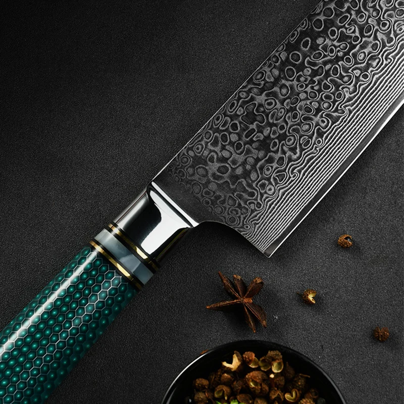 SW 8 Inch Japanese  Damascus Steel Chef Knife Professional Kitchen Cutt Vegetables Fruits Tools Utility Knife Green Resin Handle