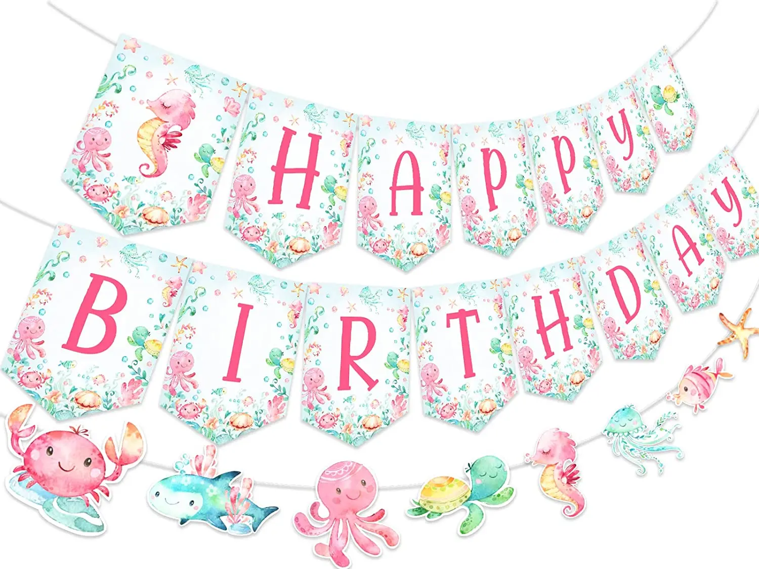 

Ocean Birthday Party Decorations for Girl Happy Birthday Banner Sea Animal Garland Under The Sea Themed Kids Birthday Supplies