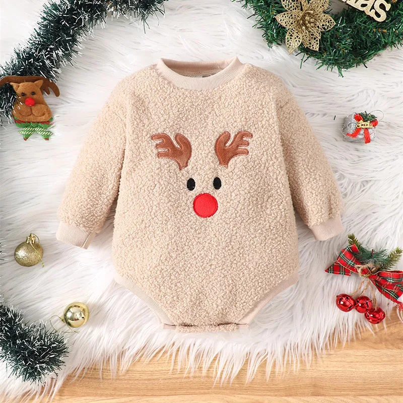 MILANCEL New Winter Baby Bodysuit Christmas Day Toddler Girls Cute Elk Jumpsuit Infant Fleece Lining Outwear One Piece