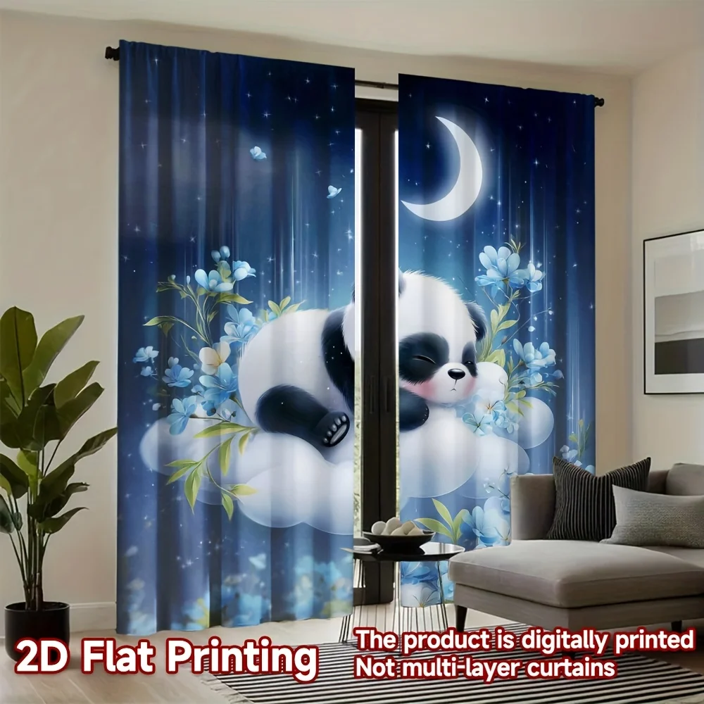 Cute Panda Galaxy Curtain Blue Night Sky Floral Polyester Waterproof Window Curtain for Kids Bedroom Home Decor
