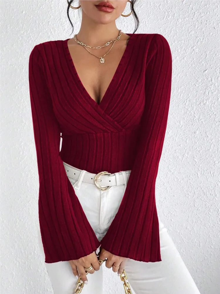 

New Autumn Winter Vintage Striped V Neck Flare Sleeve Solid Women T Shirt, Slim Fit Casual Pullovers, Sexy Lady Basic Tops
