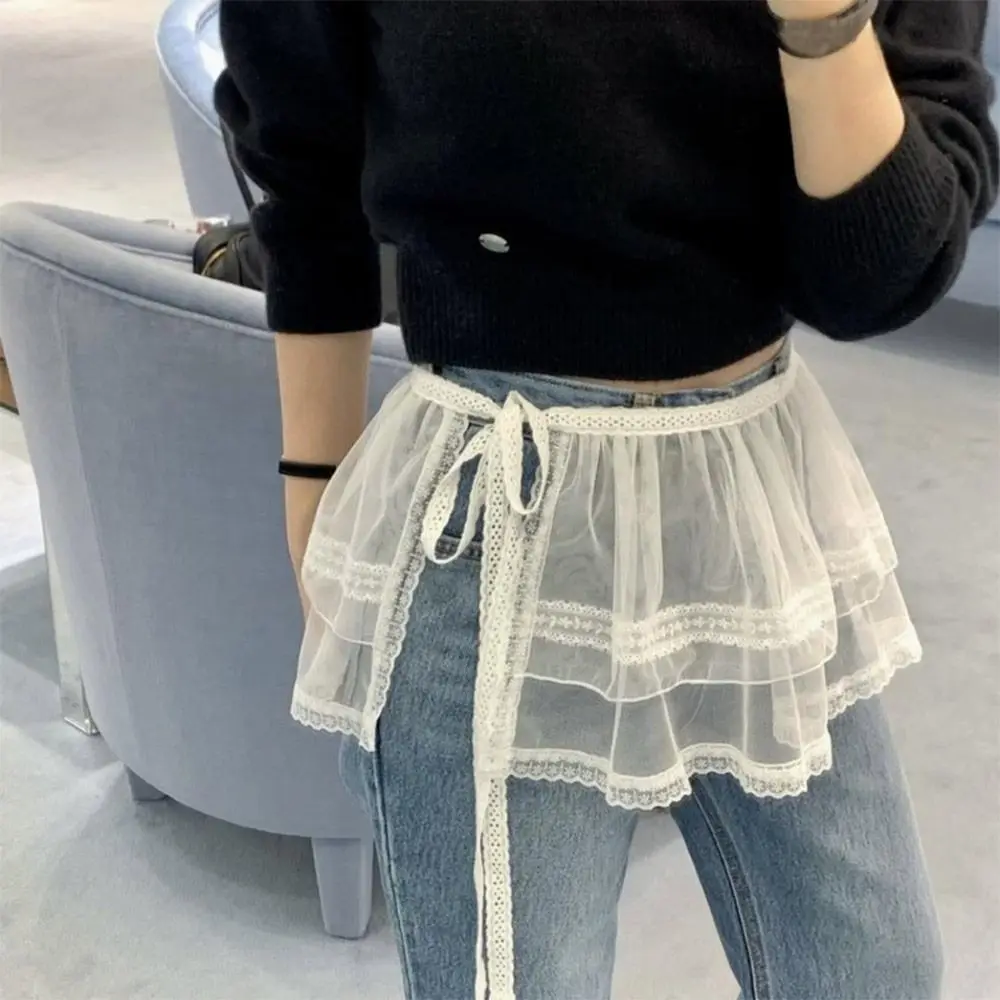 

New Embroidered Flower Lace Mini Skirt See Through Harajuku Ruched Skirts Y2K Streetwear Butt Curtain Jeans Decoration