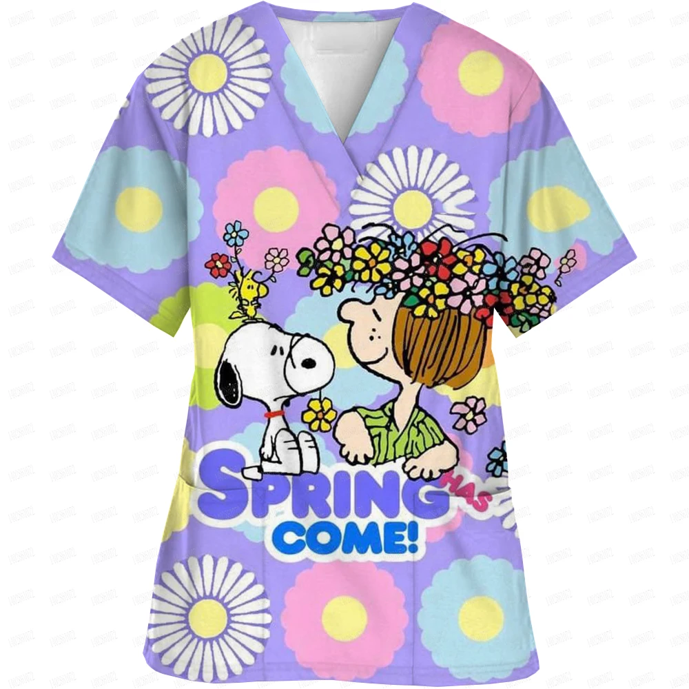 Snoopy cartoon printed frosted cream top pet beauty work clothes beauty salon work clothes laboratory women's T-shirt