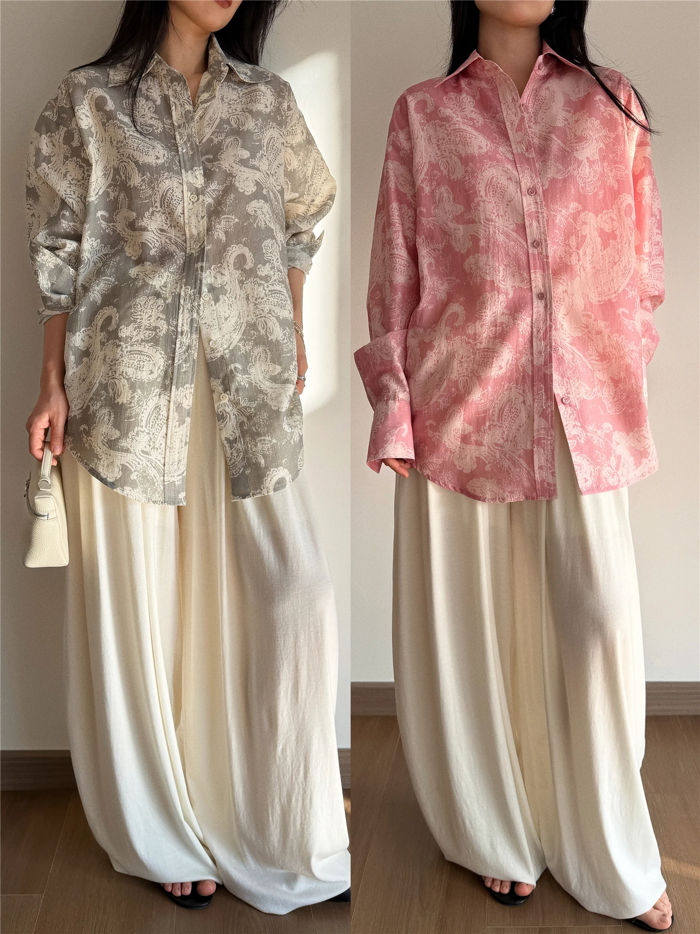 

AfuShop26 Spring Summer Artistic Texture Rayon Silk Long Sleeve Printed Shirt Loose Fit Women's Comfortable Breathable Top