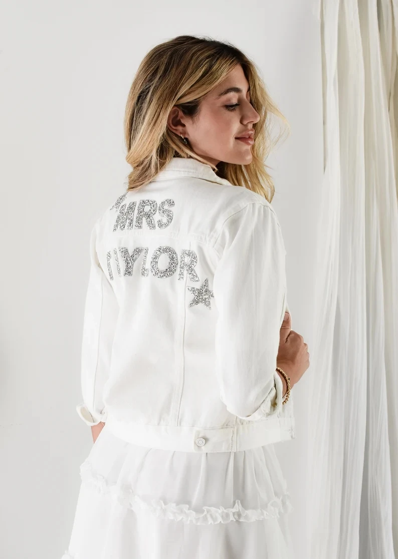 Personalized White Wedding Jacket Bride Denim Jacket Bride Jean Jacket Personalized Jacket Mrs Jacket Bridal Shower Gift Ideas