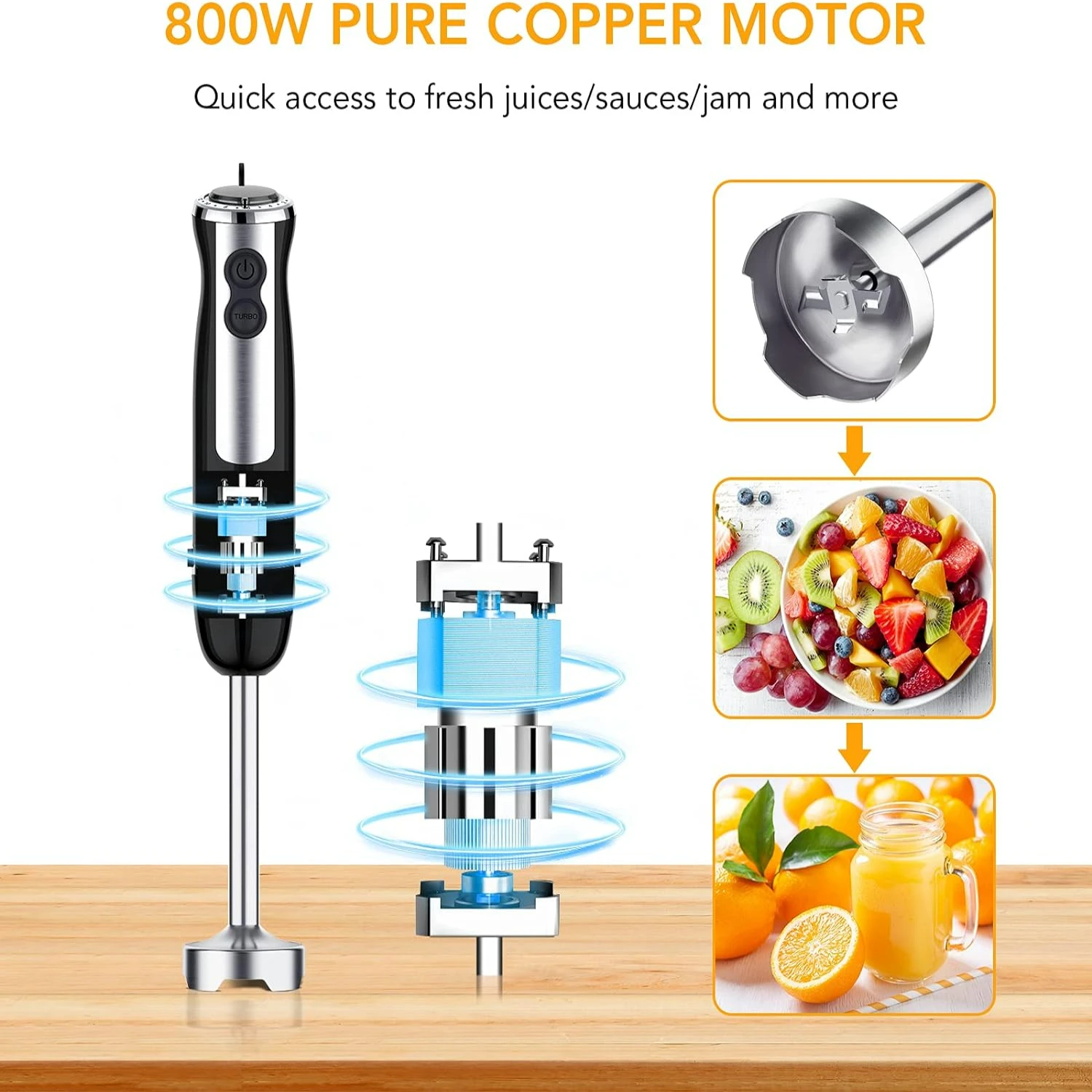 Leistungsstarker BPA-freier 800-W-5-in-1-Stabmixer mit 12 Geschwindigkeiten und Turbomodus für Smoothies, Suppe, Soße – inklusive 600-ml-Mischbecher,