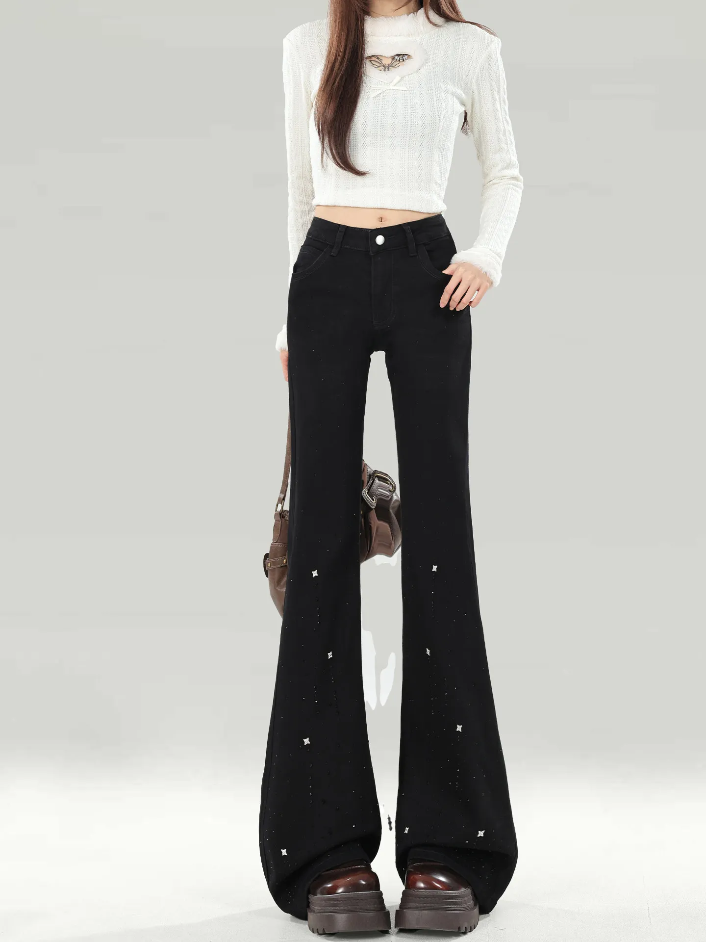 Low Waist Bell Bottom Jeans Women's New Style American Drill Slimming Elastic Micro Flared Pants Casual High Waist Pocket Denim