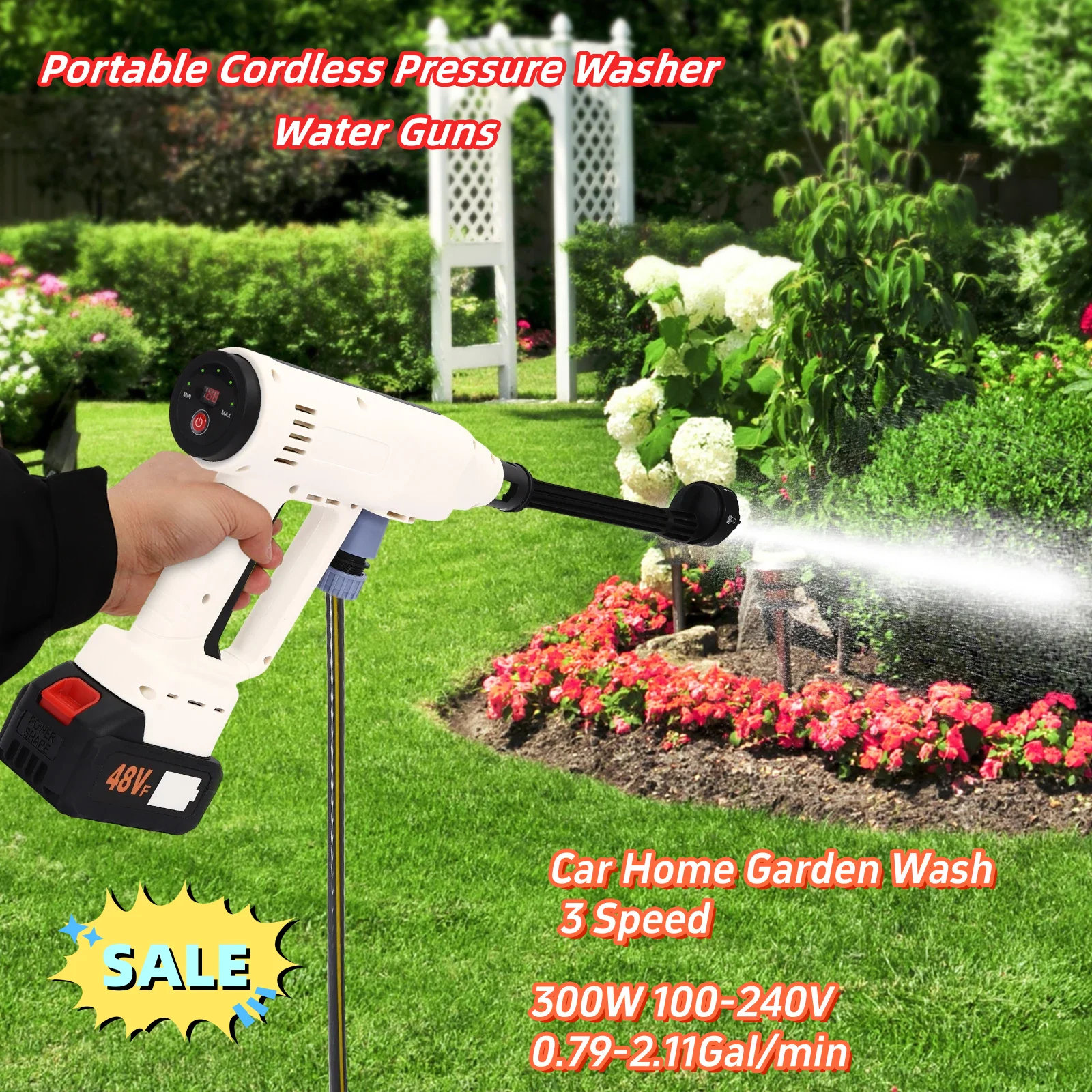 Portable Cordless Pressure Washer Water Guns Cordless for Car Home Garden Wash 3 Speed Battery Powered