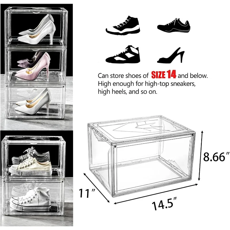 Clear Shoe Box Stackable Plastic Sneaker Box Container, Magnetic Side Open Shoe Organizer and Shoes Storage Case