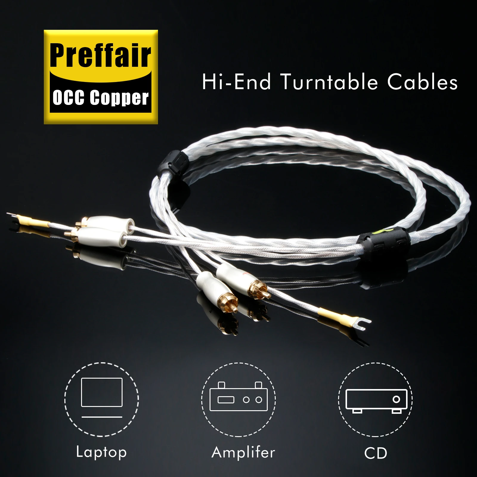 Preffair 2RCA Tonearm Cable with Ground Wire OCC Silver Plated Hifi Turntable Wires for LP/Vinyl -- 1Pcs