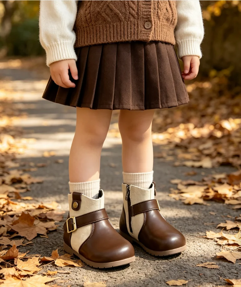 Kids Retro Patchwork Ankle Boots, Girls Leather & Linen Spliced Short Boots with Side Zipper,Unique Vintage Aesthetic Boots