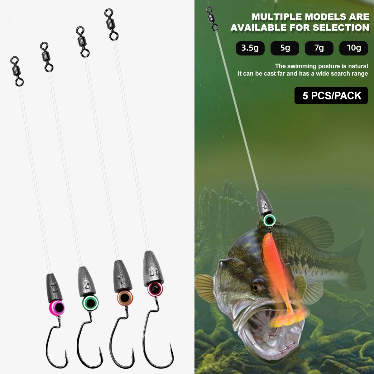 SKY 5pcs/Bag Texas Rigs for Bass Fishing Leaders with Weights Hooks Rigged Line Kit Fishing Rigs Ready Made Lure Fishing Tackle