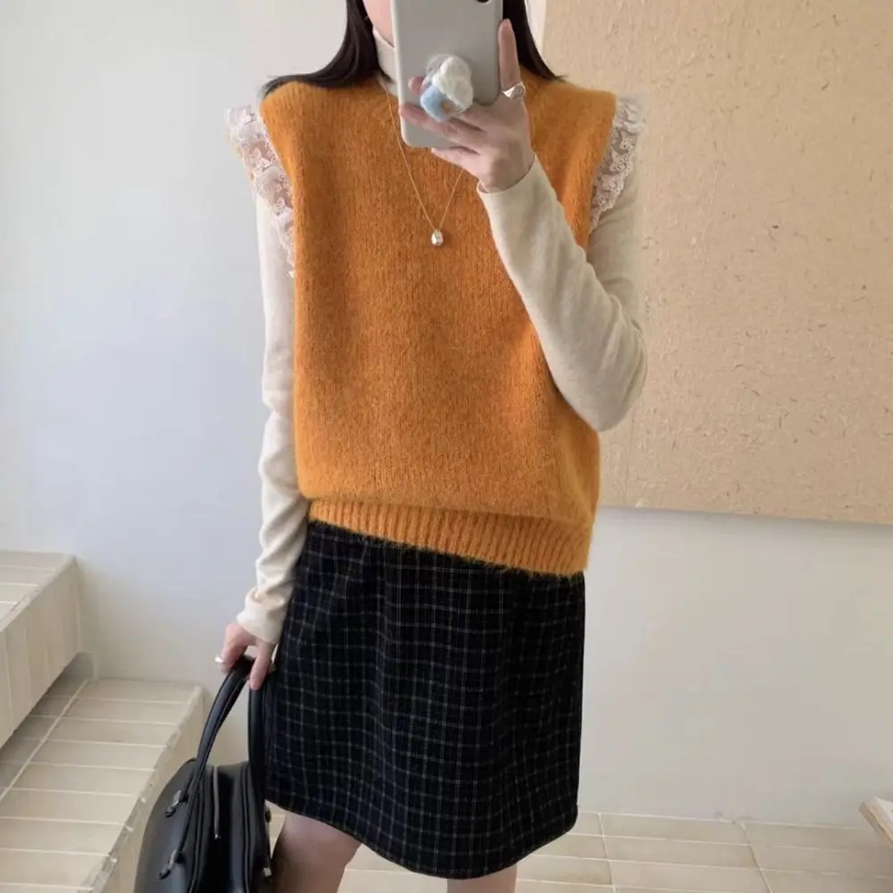 Fashion Round Neck Lace Sleeveless Sweater Pullover Korean Style Knitwear Women Solid Color Sweet Knitted Waistcoat Top Girls