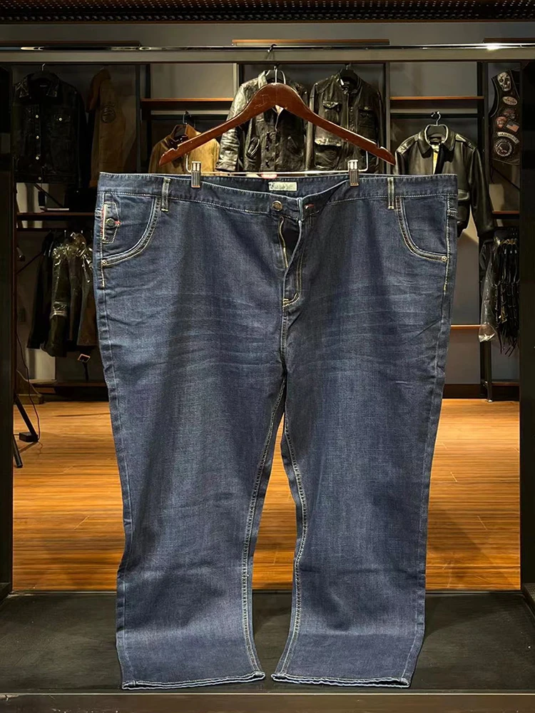 Hochgeschnittene dunkelblaue Stretch-Unterhosen für Männer in Übergröße 52-58, für große und kräftige Personen, Jeanshosen, lange Hosen. – Detail 8