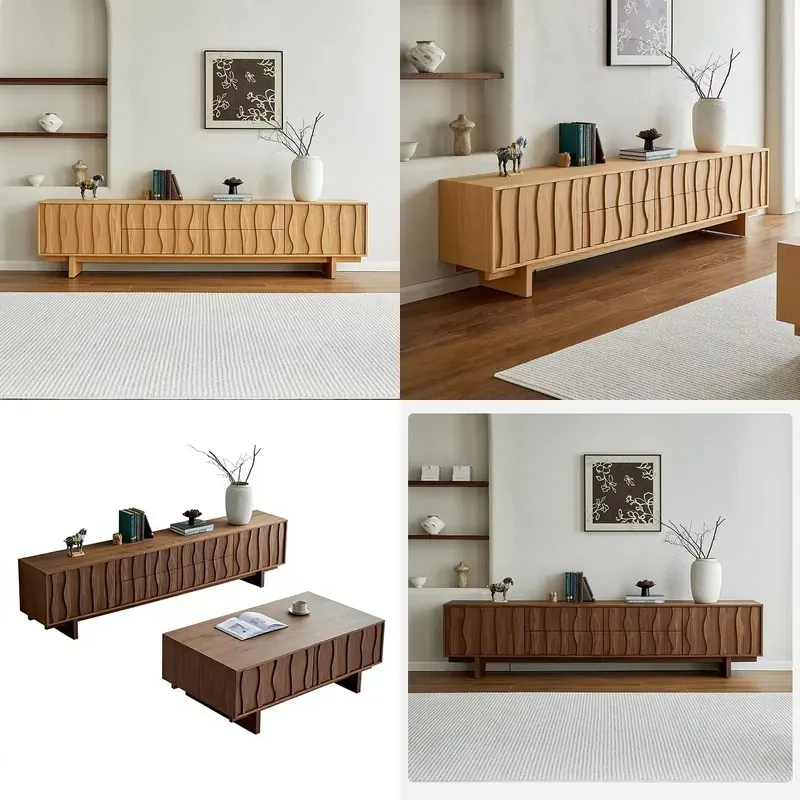 Black Walnut Solid Wood TV Cabinet and Coffee Table Combo Floor to Ceiling Furniture for Living Room Bedroom