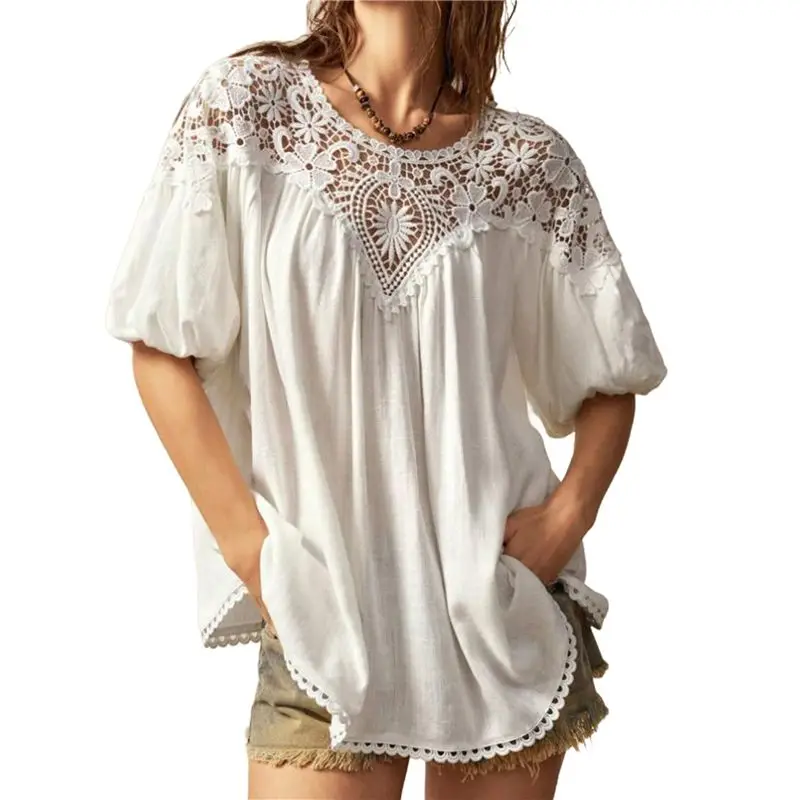 CYL-dames zomertops casual korte kapmouw ronde hals kanten rand dames T-shirts 2025, trendy